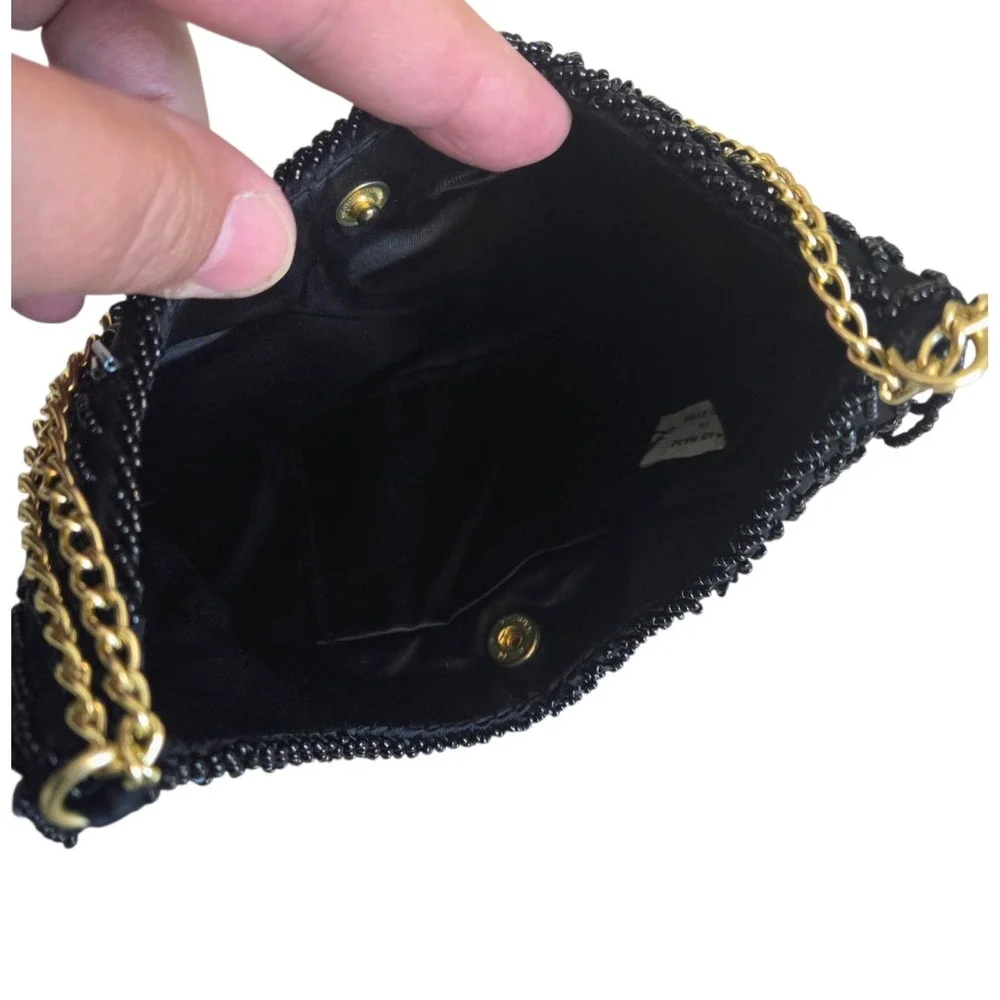 Black Beaded Vintage Purse Evening Bag Korea Double Chain Strap Lined‎ Tassels